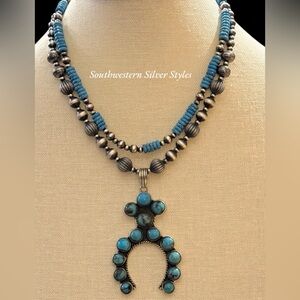 Vintage Tribal Sterling Silver Navajo Pearls Turquoise Squash Blossom Necklace